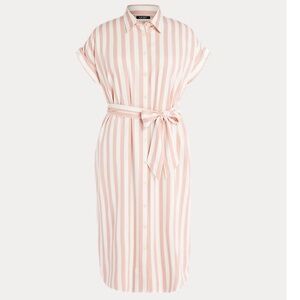 Lauren Ralph Lauren Pink White Striped Twill Button Up Shirtdress w/ Belt